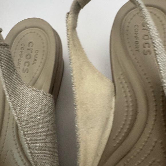 Crocs Leigh Ann Slingback Wedge Heels Womens Sz 9 Beige Fabric Sandals EUC - Picture 7 of 16